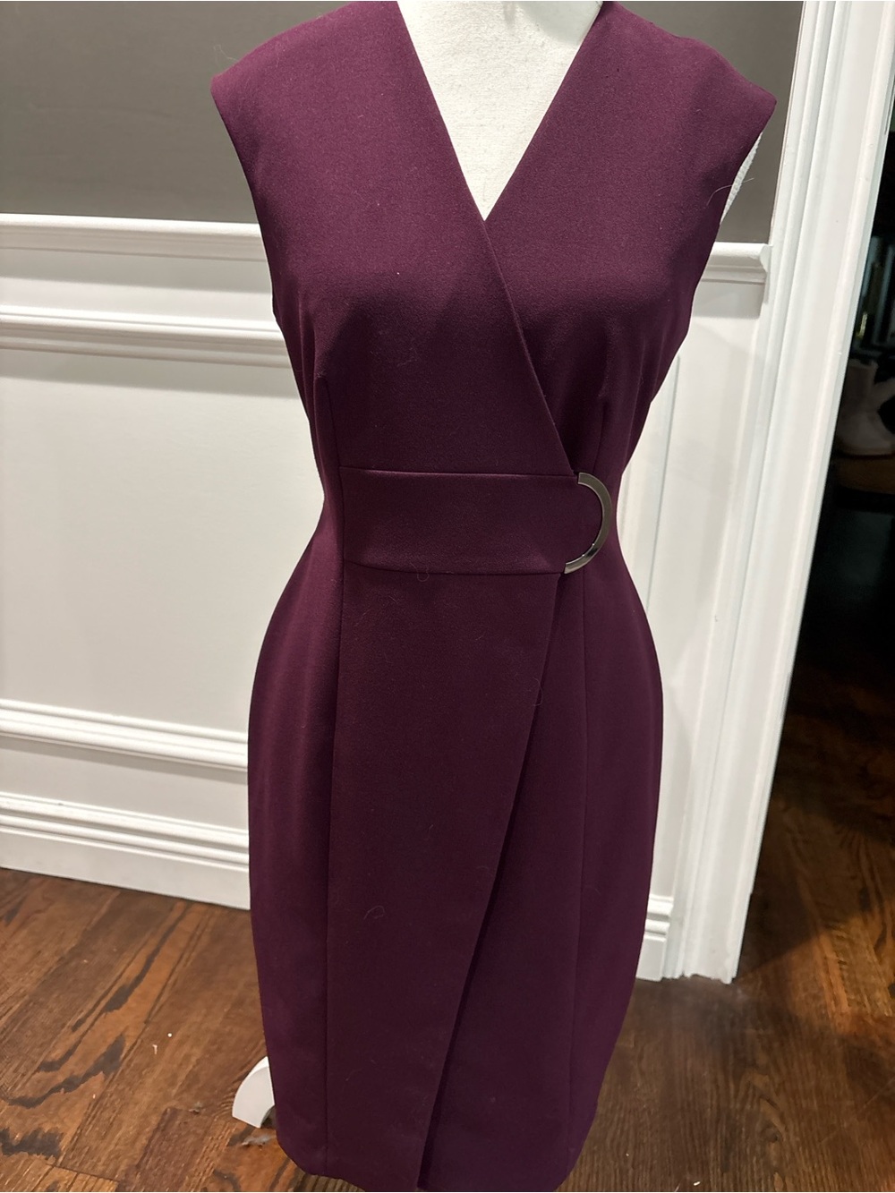 Calvin Klein Plum Wrap Sheath Dress with Silver Buckle